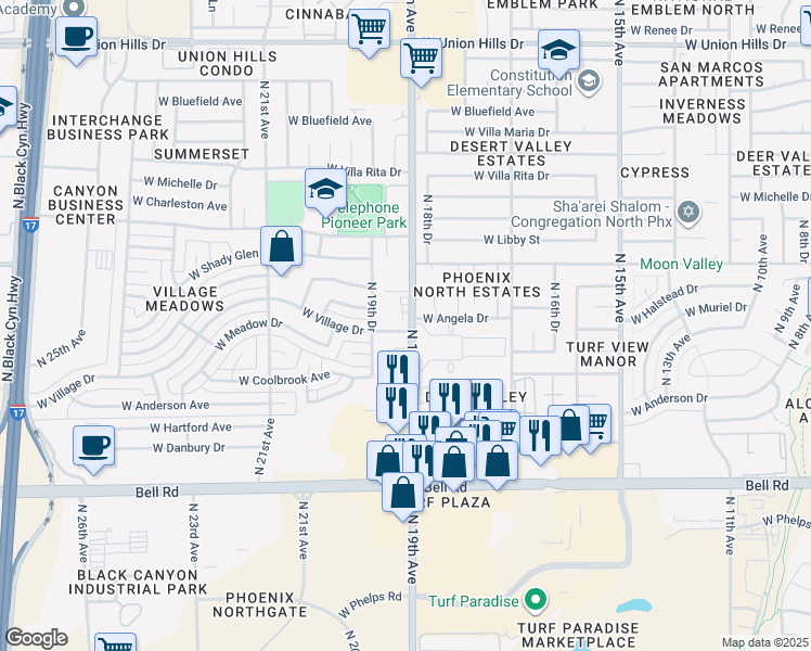 map of restaurants, bars, coffee shops, grocery stores, and more near in Phoenix