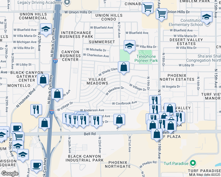 map of restaurants, bars, coffee shops, grocery stores, and more near 2141 West Meadow Drive in Phoenix