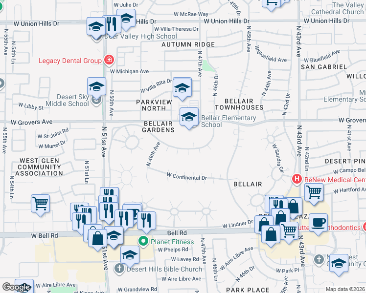 map of restaurants, bars, coffee shops, grocery stores, and more near 17241-17299 North Eagle Court in Glendale