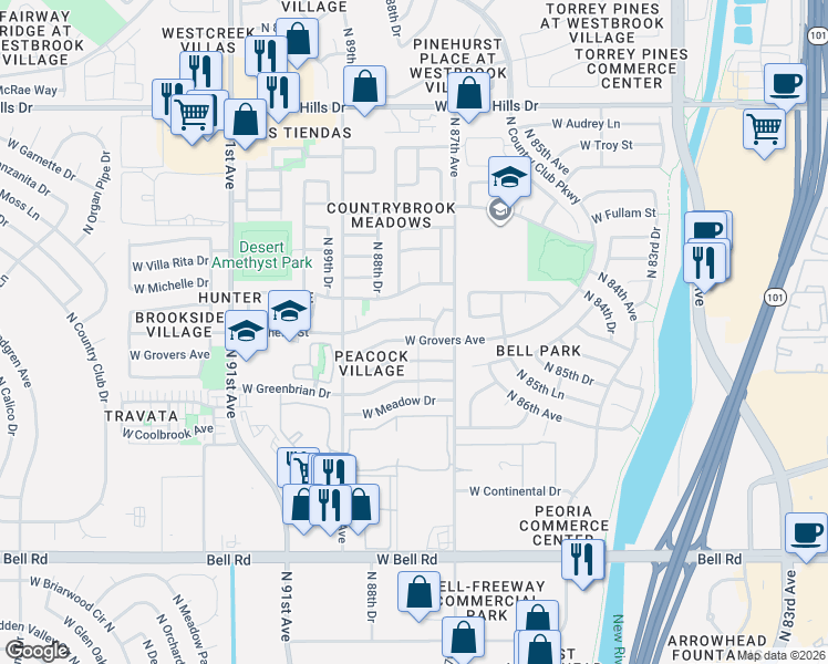 map of restaurants, bars, coffee shops, grocery stores, and more near 8751 West Grovers Avenue in Peoria