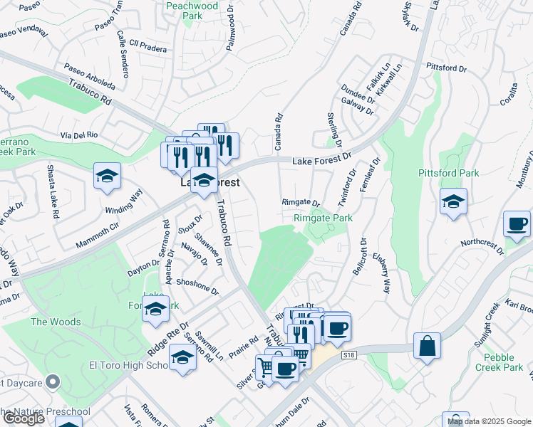 map of restaurants, bars, coffee shops, grocery stores, and more near 25678-25698 Old Trabuco Rd in Lake Forest