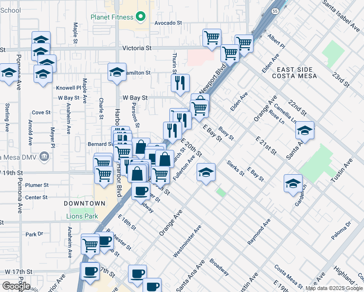 map of restaurants, bars, coffee shops, grocery stores, and more near 1982 Church Street in Costa Mesa