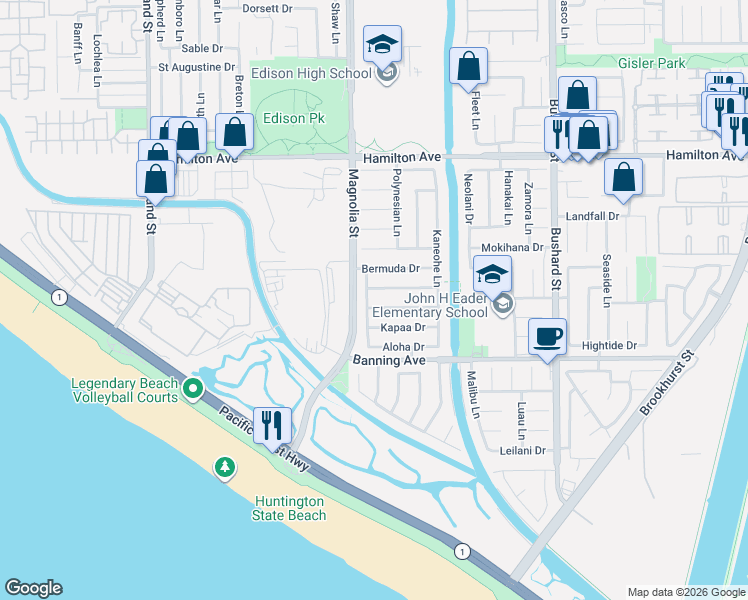 map of restaurants, bars, coffee shops, grocery stores, and more near 21861 Kiowa Lane in Huntington Beach