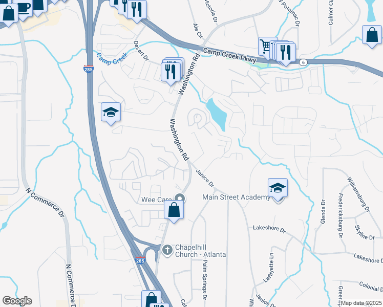 map of restaurants, bars, coffee shops, grocery stores, and more near 4050 Washington Road in East Point
