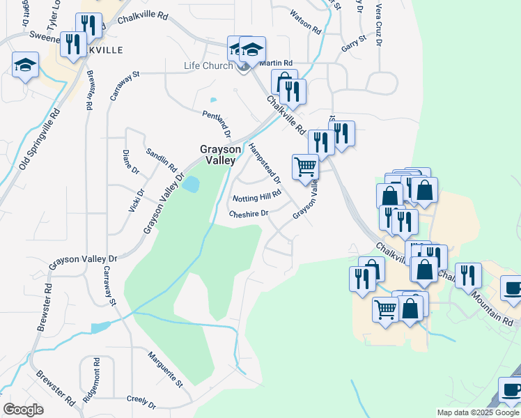 map of restaurants, bars, coffee shops, grocery stores, and more near 2176 Cheshire Drive in Birmingham