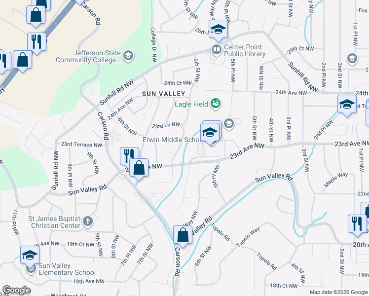 map of restaurants, bars, coffee shops, grocery stores, and more near 540 23rd Avenue Northwest in Center Point