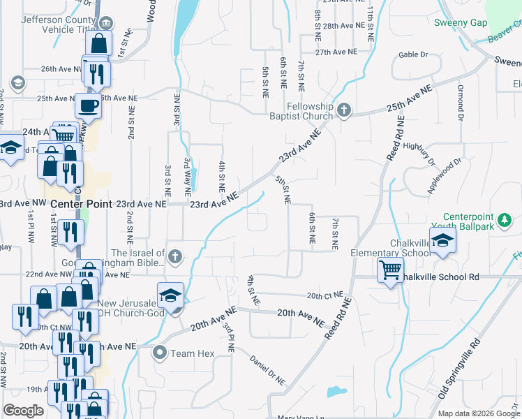 map of restaurants, bars, coffee shops, grocery stores, and more near 2261 4th Place Circle Northeast in Center Point