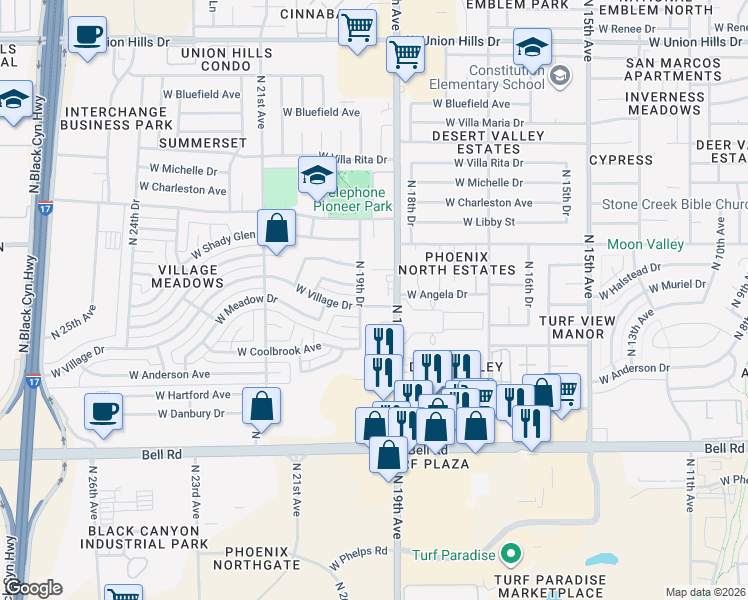 map of restaurants, bars, coffee shops, grocery stores, and more near 17437 North 19th Drive in Phoenix