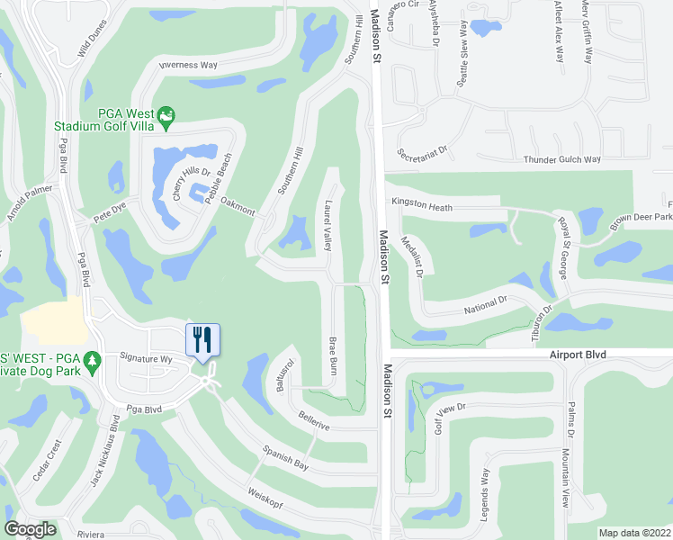 map of restaurants, bars, coffee shops, grocery stores, and more near 55566 Southern Hill in La Quinta