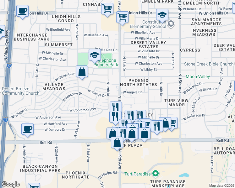 map of restaurants, bars, coffee shops, grocery stores, and more near 1904 West Village Drive in Phoenix