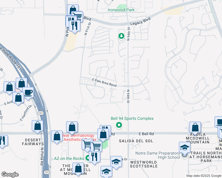 map of restaurants, bars, coffee shops, grocery stores, and more near 9393 East Palo Brea Bend in Scottsdale