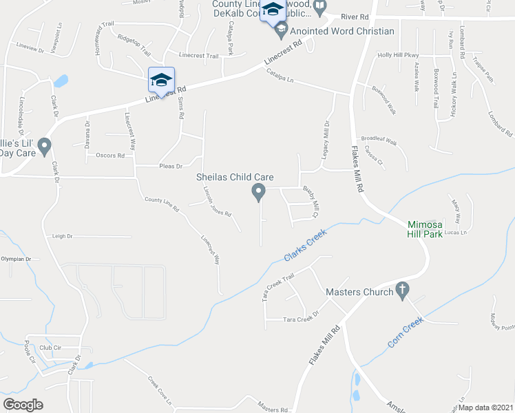 map of restaurants, bars, coffee shops, grocery stores, and more near 3832 Busby Mill Court in Ellenwood
