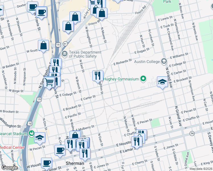 map of restaurants, bars, coffee shops, grocery stores, and more near 604 East College Street in Sherman