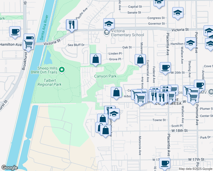 map of restaurants, bars, coffee shops, grocery stores, and more near 1947 Sundance Lane in Costa Mesa