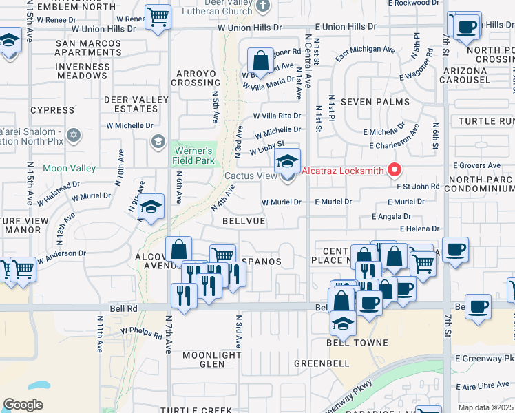 map of restaurants, bars, coffee shops, grocery stores, and more near 17424 North 2nd Avenue in Phoenix