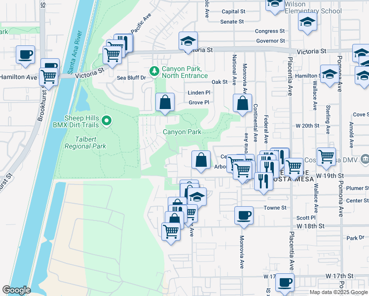 map of restaurants, bars, coffee shops, grocery stores, and more near 1947 Sundance Lane in Costa Mesa