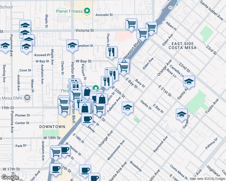 map of restaurants, bars, coffee shops, grocery stores, and more near 1993 Church Street in Costa Mesa