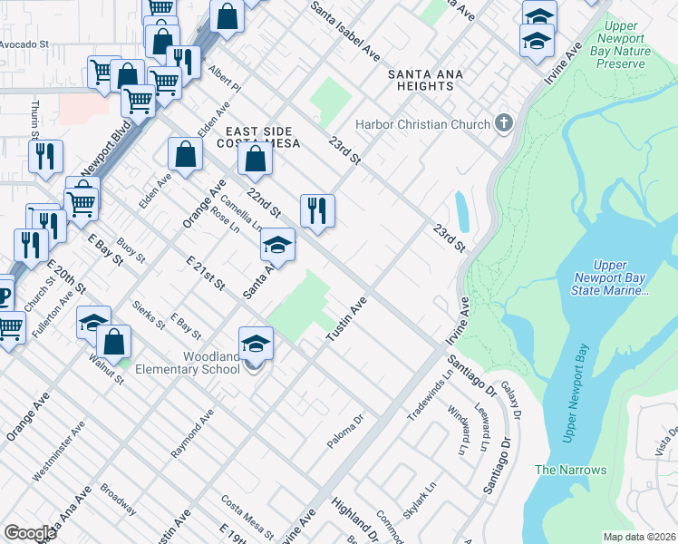 map of restaurants, bars, coffee shops, grocery stores, and more near 361 22nd Street in Costa Mesa