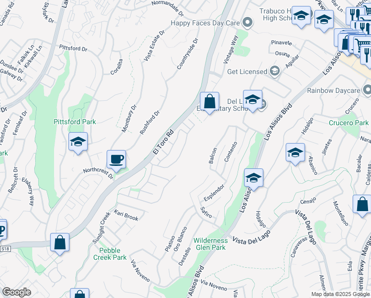 map of restaurants, bars, coffee shops, grocery stores, and more near 21902 Raintree Lane in Lake Forest