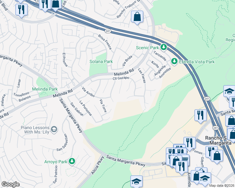 map of restaurants, bars, coffee shops, grocery stores, and more near 27 Via Berrendo in Rancho Santa Margarita