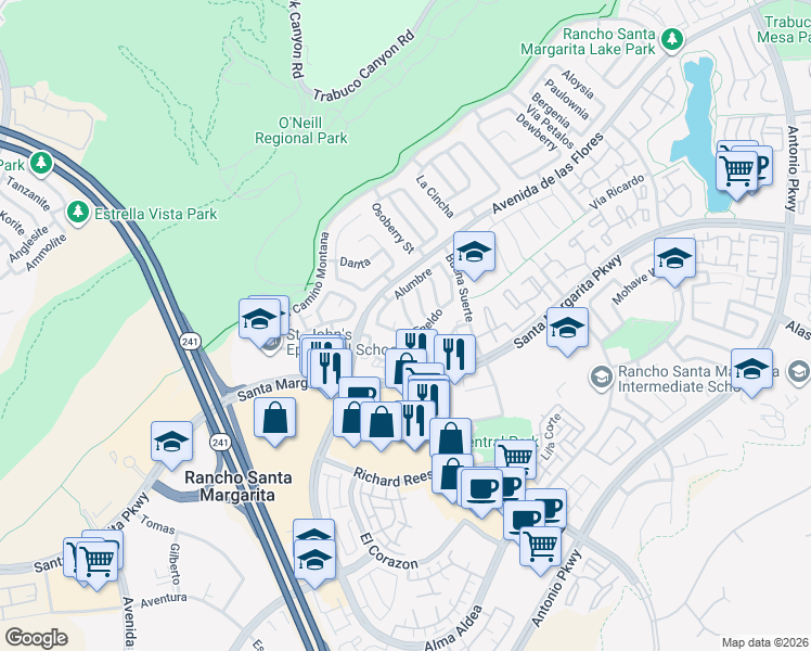 map of restaurants, bars, coffee shops, grocery stores, and more near 24 Eneldo in Rancho Santa Margarita
