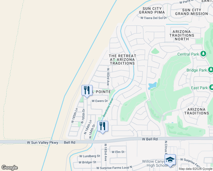 map of restaurants, bars, coffee shops, grocery stores, and more near 17748 North 183rd Avenue in Surprise