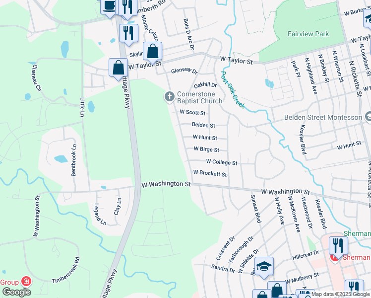 map of restaurants, bars, coffee shops, grocery stores, and more near 1815 West College Street in Sherman