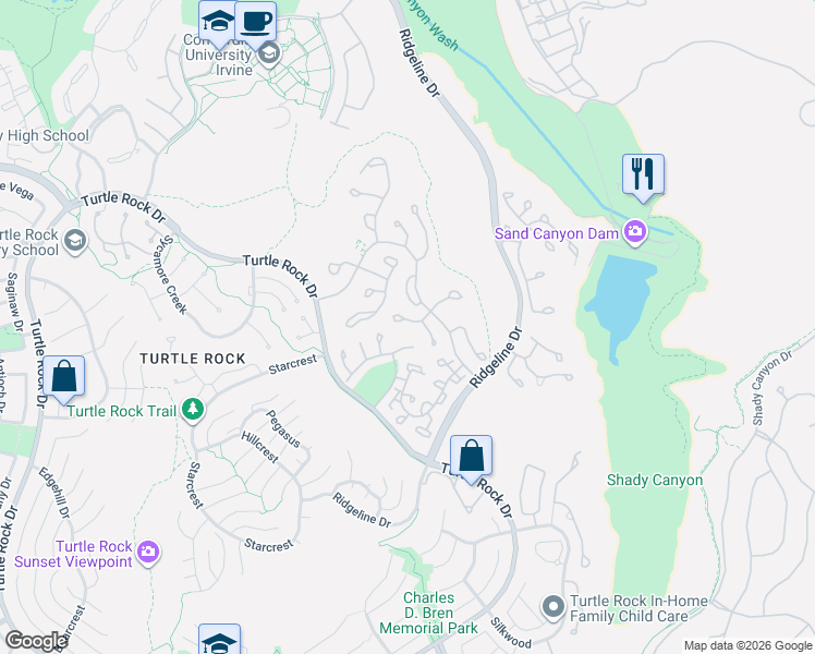 map of restaurants, bars, coffee shops, grocery stores, and more near 3 Brigmore Aisle in Irvine