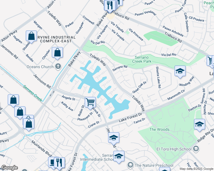 map of restaurants, bars, coffee shops, grocery stores, and more near 21854 Ticonderoga Lane in Lake Forest