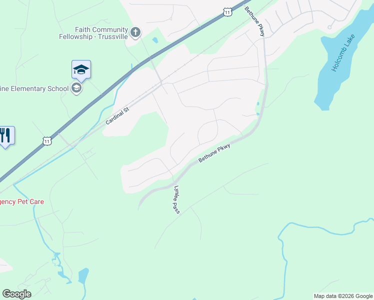 map of restaurants, bars, coffee shops, grocery stores, and more near Peggy Lane in Trussville