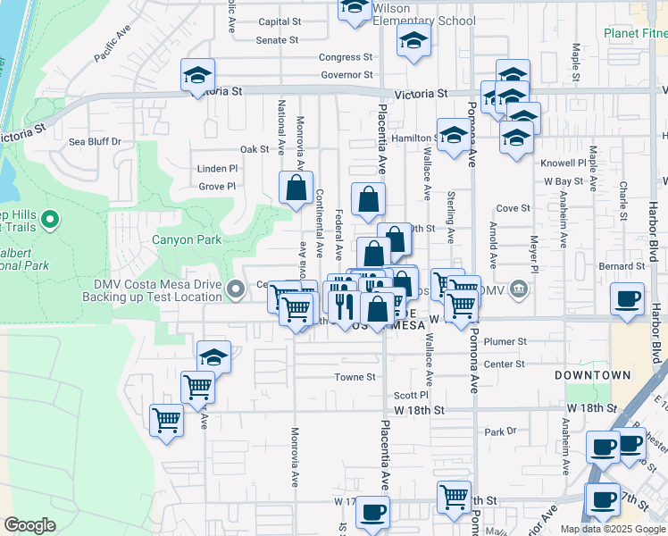 map of restaurants, bars, coffee shops, grocery stores, and more near 1953 Federal Avenue in Costa Mesa