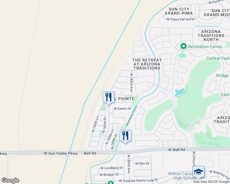 map of restaurants, bars, coffee shops, grocery stores, and more near 18449 West Westfall Way in Surprise