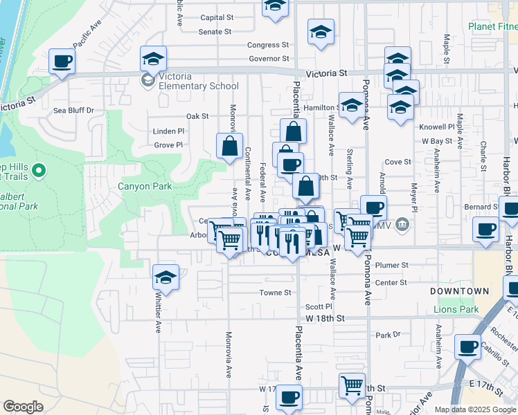 map of restaurants, bars, coffee shops, grocery stores, and more near 1953 Federal Avenue in Costa Mesa