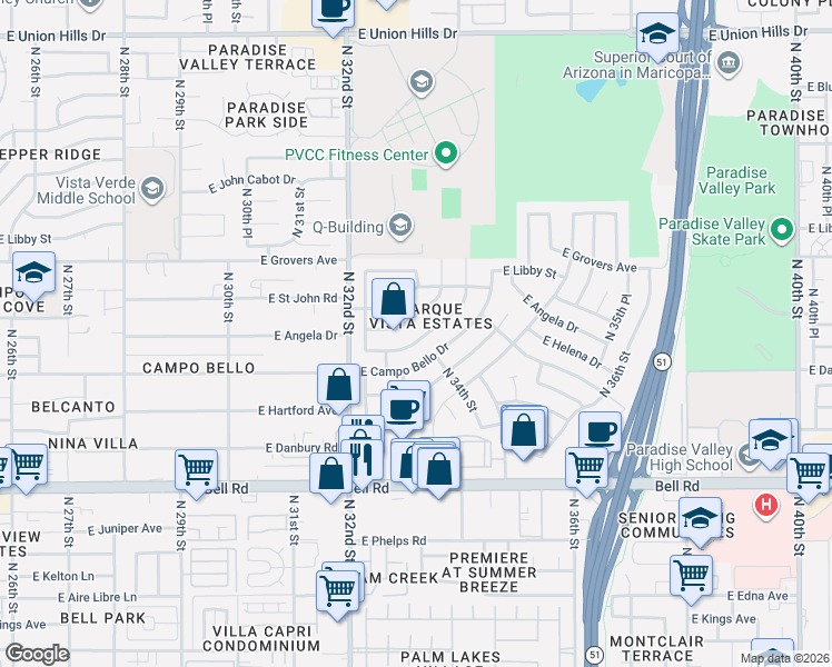 map of restaurants, bars, coffee shops, grocery stores, and more near 3309 East Helena Drive in Phoenix
