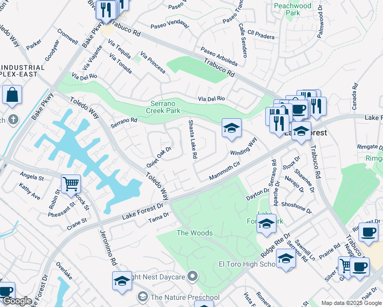 map of restaurants, bars, coffee shops, grocery stores, and more near 21891 Chaster Road in Lake Forest