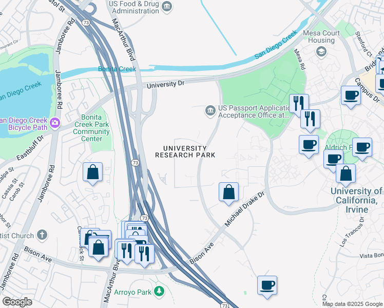 map of restaurants, bars, coffee shops, grocery stores, and more near 111 Innovation Drive in Irvine