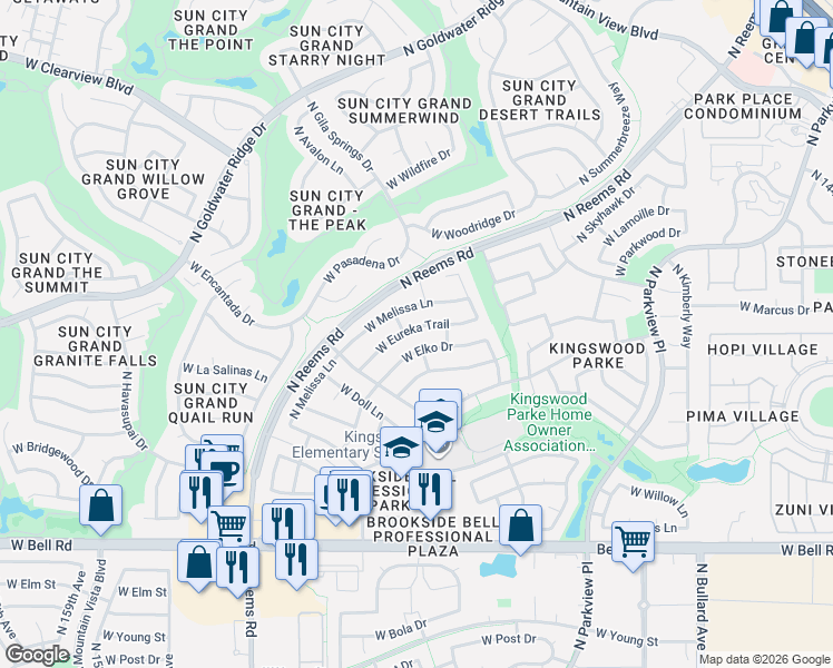 map of restaurants, bars, coffee shops, grocery stores, and more near 15160 West Elko Drive in Surprise