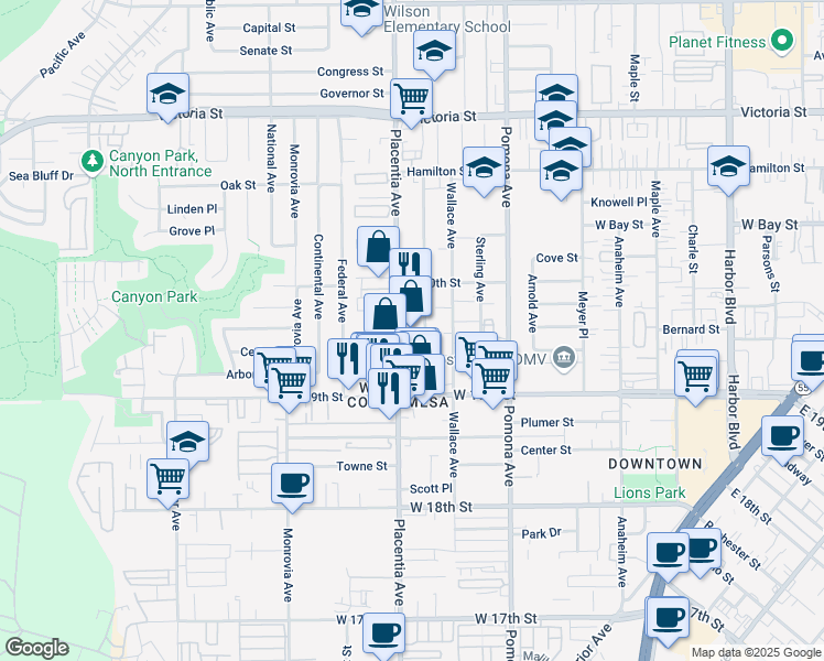 map of restaurants, bars, coffee shops, grocery stores, and more near 1940 Placentia Ave in Costa Mesa