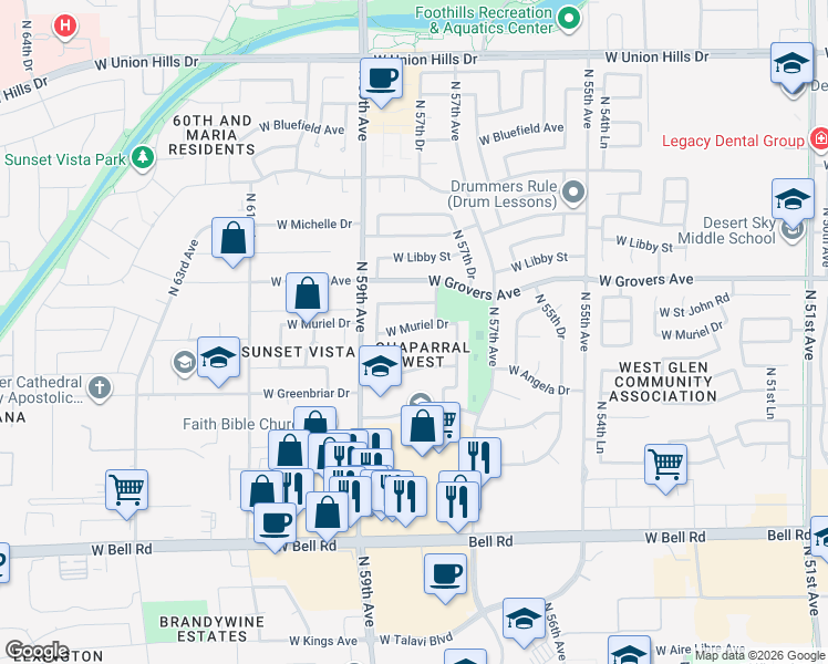 map of restaurants, bars, coffee shops, grocery stores, and more near 5801 West Muriel Drive in Glendale