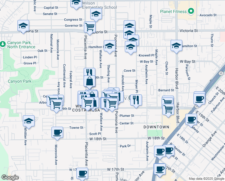 map of restaurants, bars, coffee shops, grocery stores, and more near 1941 Pomona Avenue in Costa Mesa