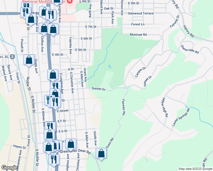 map of restaurants, bars, coffee shops, grocery stores, and more near 6 Mount Camille Street in Anniston