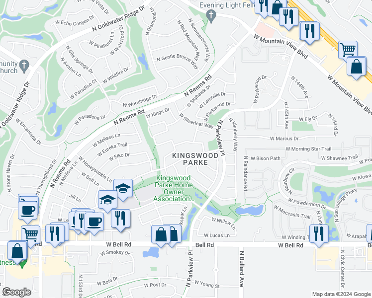 map of restaurants, bars, coffee shops, grocery stores, and more near 14924 West Honeysuckle Lane in Surprise