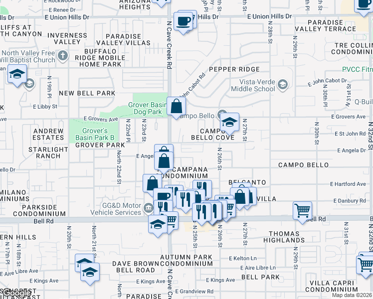 map of restaurants, bars, coffee shops, grocery stores, and more near in Phoenix