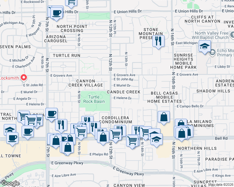 map of restaurants, bars, coffee shops, grocery stores, and more near 1227 East Helena Drive in Phoenix