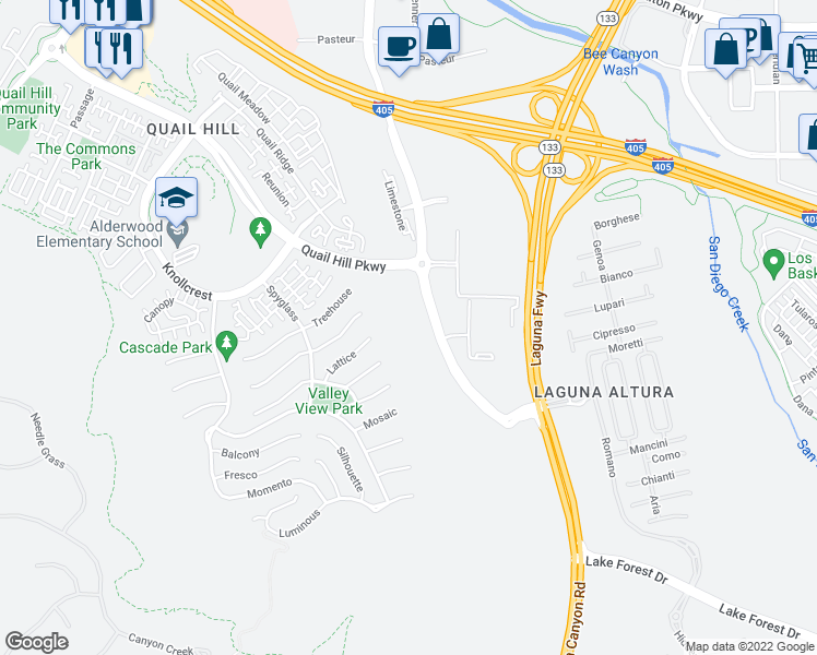 map of restaurants, bars, coffee shops, grocery stores, and more near 16573 Laguna Canyon Road in Irvine