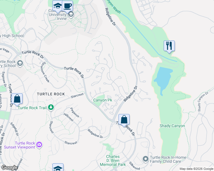 map of restaurants, bars, coffee shops, grocery stores, and more near 3 Brigmore Aisle in Irvine