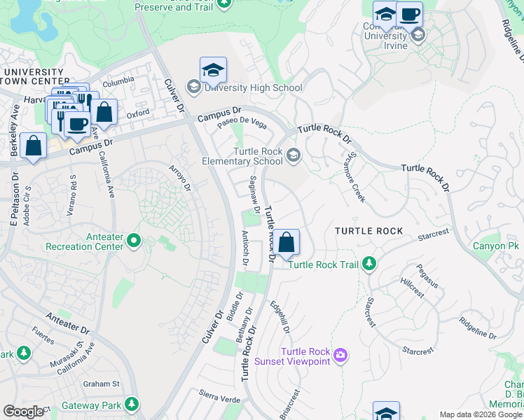 map of restaurants, bars, coffee shops, grocery stores, and more near 18861-18899 Saginaw Drive in Irvine