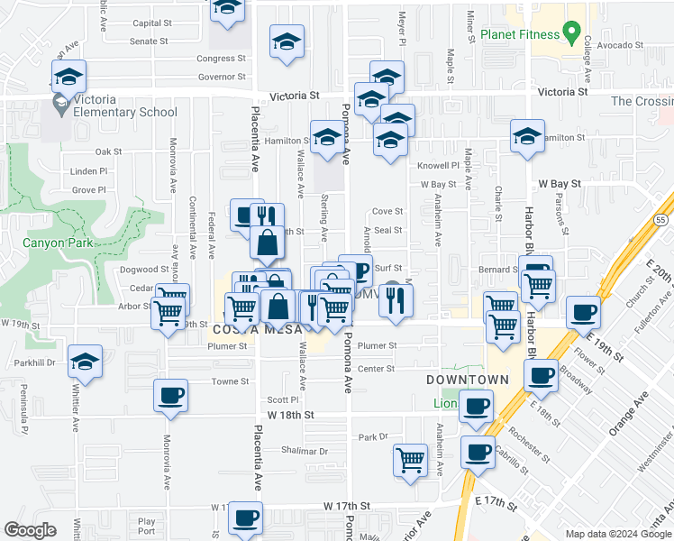 map of restaurants, bars, coffee shops, grocery stores, and more near 1941 Pomona Avenue in Costa Mesa