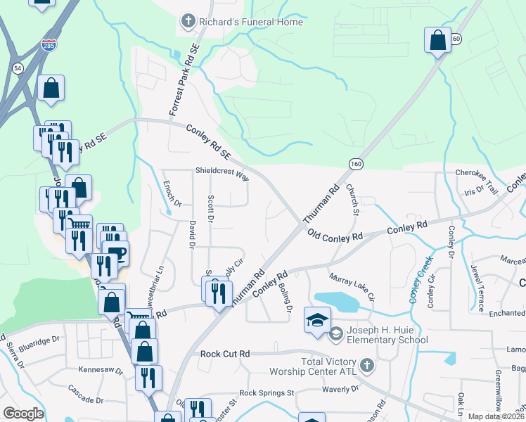 map of restaurants, bars, coffee shops, grocery stores, and more near 4045 Browne Court in Conley