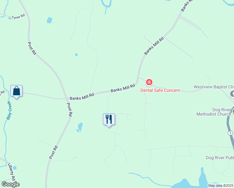 map of restaurants, bars, coffee shops, grocery stores, and more near 8321 Banks Mill Road in Douglasville